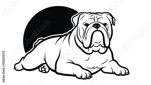 Simple outline drawing of an english bulldog lying down positioned in front of a solid black circle background.