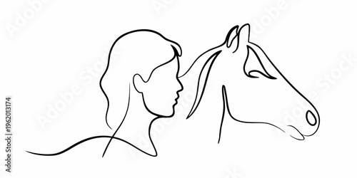 Elegant line art depicts a woman s profile alongside a horse s head