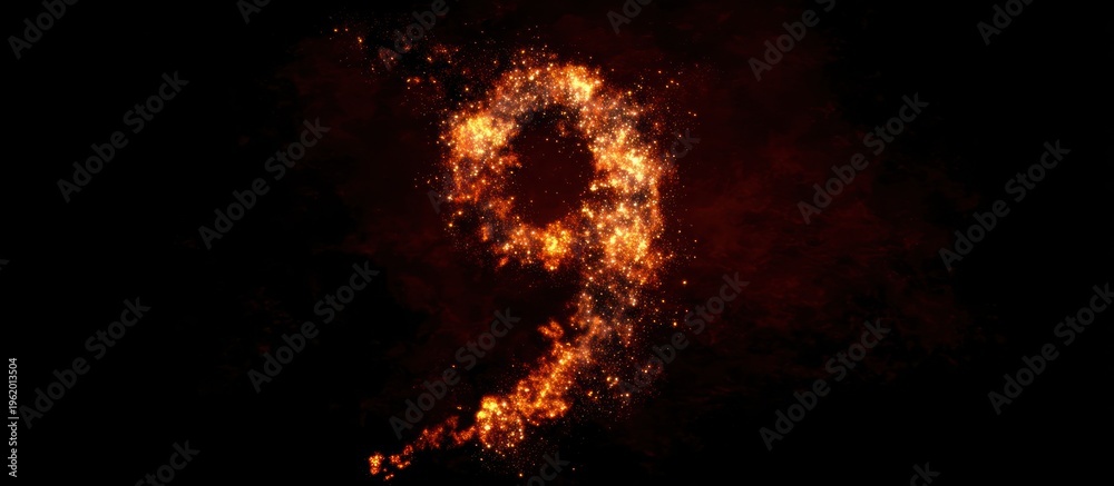 Fototapeta premium Number 9 made of fire and embers on a black background.