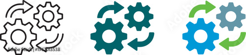 Settings process icon, rotating cogs with arrows, automation workflow optimization system configuration update management concept engineering efficiency sign