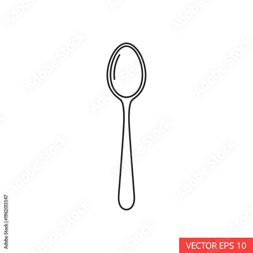 Simple black and white line art drawing of a single kitchen spoon utensil for eating.