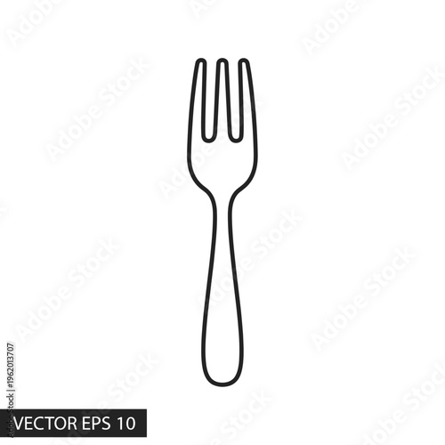 Simple black outline drawing of a four-tined eating fork on a plain white background, representing a basic kitchen utensil.