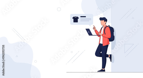 Young man with laptop and backpack shopping online for t-shirt, modern flat illustration