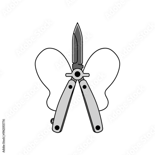 Line art illustration of a butterfly knife with its handles open, resembling a butterfly with wings, on a white background.
