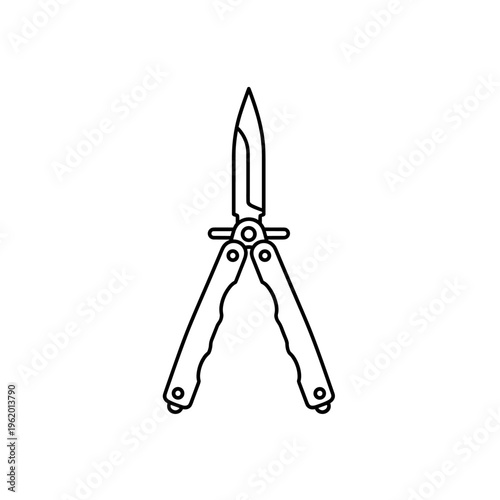 Line art illustration of an open butterfly knife with a sharp blade and two handles.