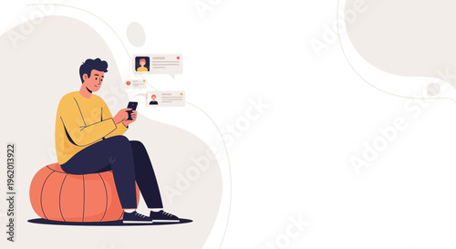 Man texting on phone, sitting on bean bag, communication concept