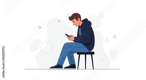 Young man sitting on stool, looking at smartphone, casual style, modern illustration