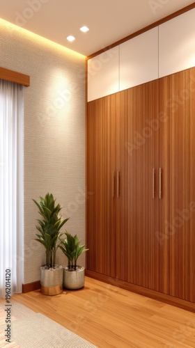 A modern interior showcasing a wooden wardrobe with potted plants in a well-lit room
