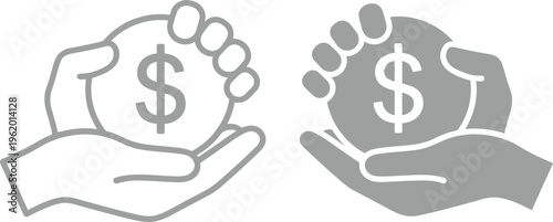 Vector graphic illustration of two hands holding dollar coins