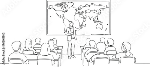 people sitting in classroom with teacher and world map