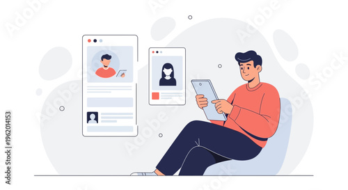 Man Using Tablet to Browse Social Media Profiles and User Data Online