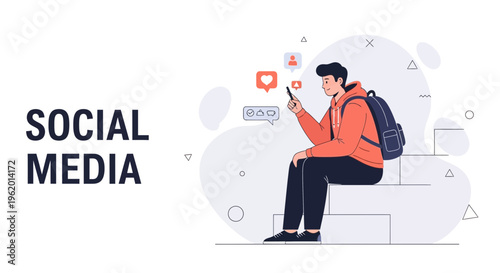 Young man using smartphone with social media icons, social media concept