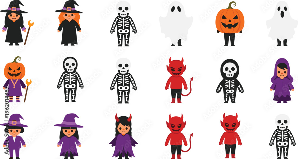 Naklejka premium Halloween characters set with witches, skeletons, ghosts, pumpkins and devils in spooky costumes cartoon vector illustration collection