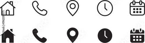 Interface icon set, phone receiver home location pin clock calendar elements, contact navigation scheduling concept, call and visit planning vector illustration
