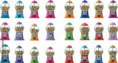 Gumball machines collection with colorful candy dispensers, retro vending machines set for sweets shop design, arcade illustration and playful vector elements