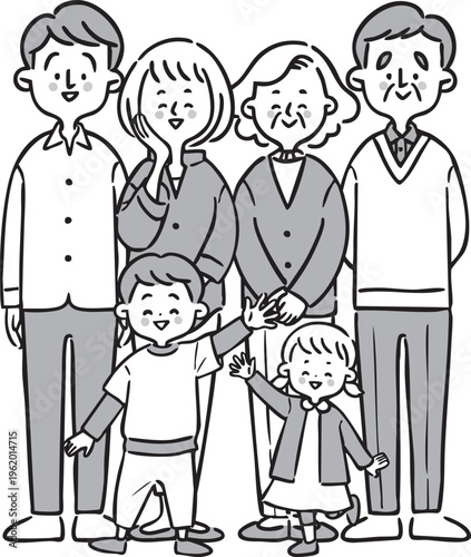 笑顔の三世代家族　全身　ベクター（モノクロ）
