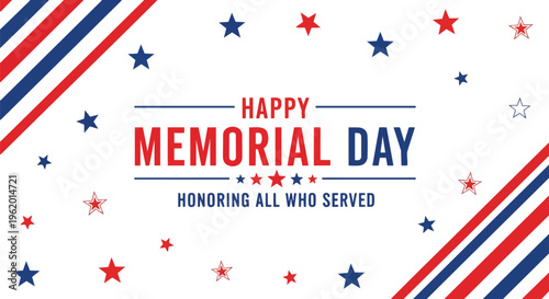 Minimalist patriotic Memorial Day design with stars and stripes elements, vivid colors and clean layout, concept for patriotic events, holiday promotions and commemorative campaigns.