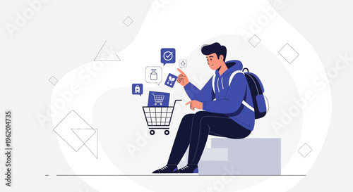 Young man with backpack choosing items from online shopping cart with icons