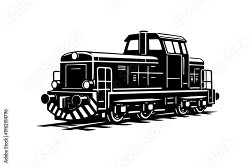 Solid black and white vector illustration of a small industrial diesel switcher locomotive