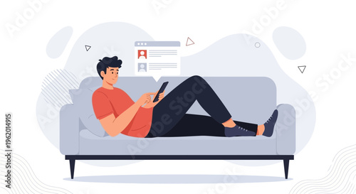 Man Relaxing on Sofa Using Tablet, Social Media Interface on Screen