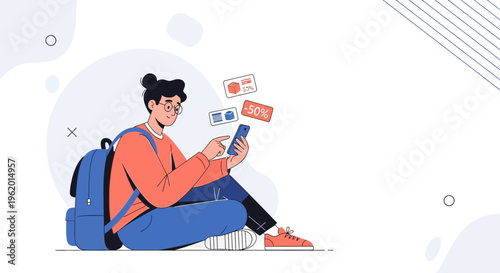 Young man using smartphone with discount coupons, online shopping concept