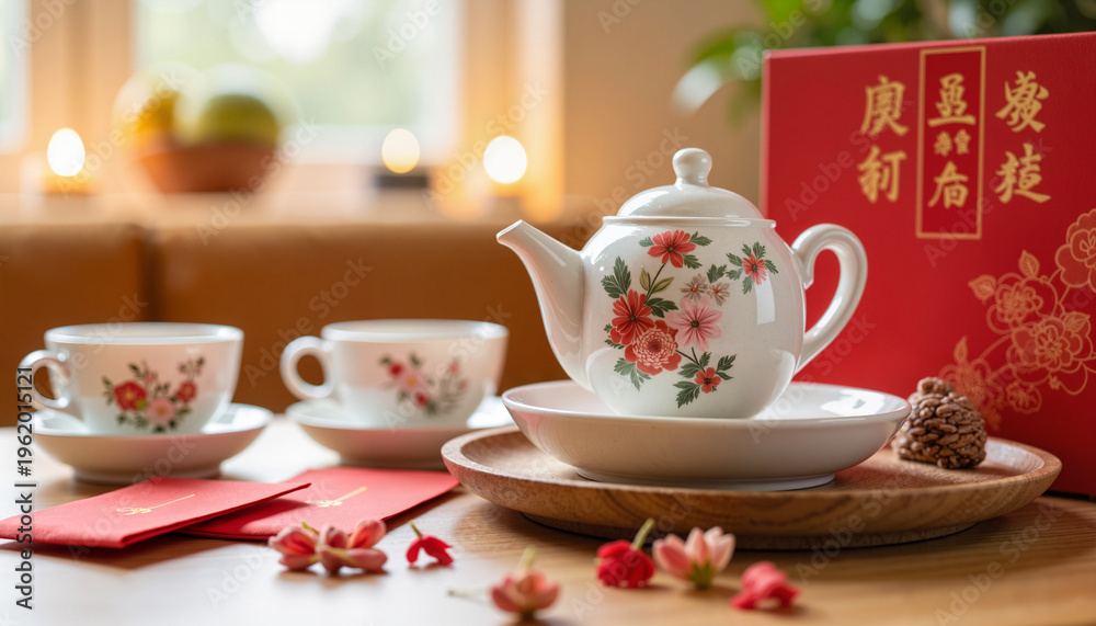 Fototapeta premium Traditional Chinese tea set with red envelopes in elegant living room, Chinese New Year symbolism