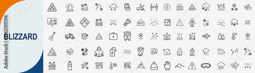 Blizzard Icons Set - Winter Storm Emergency Weather and Cold Climate Vector Outline Symbols