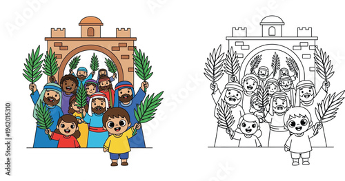 Crowd Waving Palm Branches Before an Ancient City Gate - Palm Sunday Scene