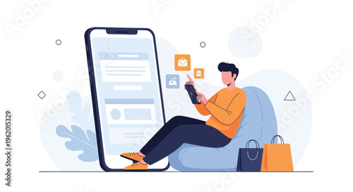 Man shopping online on phone, sitting on beanbag with shopping bags