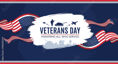 Patriotic illustration of waving American flags and military silhouettes honoring Veterans Day on a blue background, ideal for patriotic campaigns, holiday promotions, and veteran appreciation events.