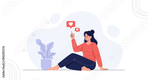 Woman Sitting Indoors, Giving Thumbs Up, Social Media Likes Notifications