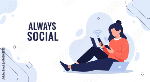 Always Social: Woman using laptop and phone, connected to Wi-Fi, modern lifestyle