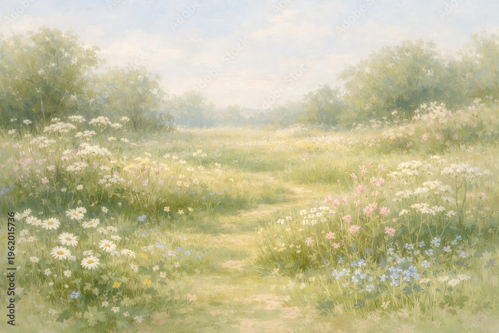 Fototapeta premium Soft pastel meadow landscape with wildflowers in gentle light