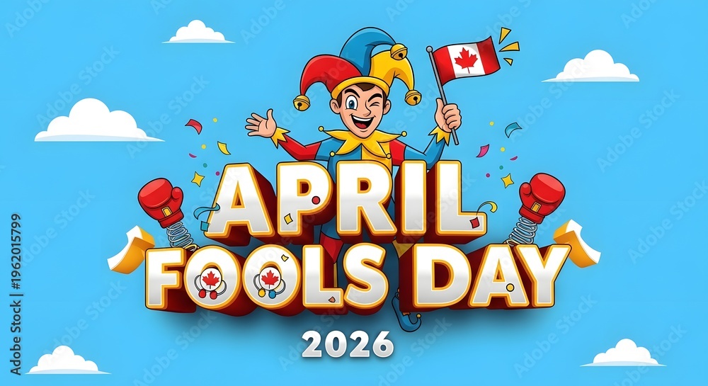 Fototapeta premium April fools day 2026 celebration with a canadian jester and boxing gloves