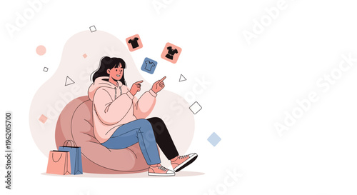 Woman shopping online, choosing clothes from virtual catalog, sitting on beanbag chair