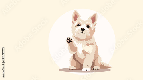 Cute white west highland white terrier puppy sitting and waving with its paw on a warm cream illustrated background.