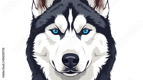 Siberian husky dog face with bright blue eyes and characteristic black and white markings isolated on white background.