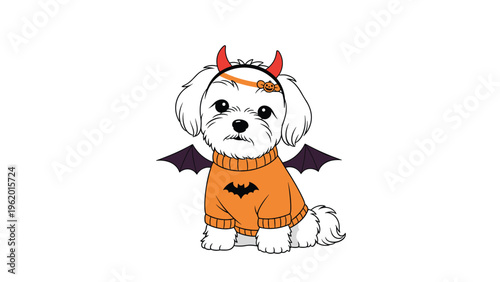 Adorable white maltese dog wearing an orange halloween sweater with bat wings and a devil horn headband on white background.