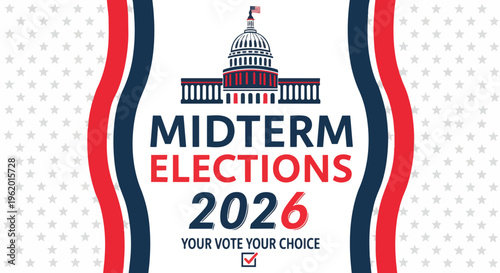 Stylized Capitol building and wavy red and blue stripes with Midterm Elections 2026 text on a white backdrop, suitable for political campaigns, voter education, and election day promotions.