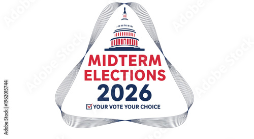 Stylized Capitol building illustration with "Midterm Elections 2026" text and checkmark, perfect for political campaigns, voter awareness, and election news graphics.