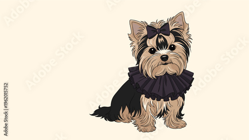 Cute yorkshire terrier dog wearing a black bow on its head and a large dark purple ruffle collar over a beige background.