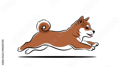 Joyful shiba inu puppy running happily with its tongue out and curly tail in a charming colored illustration.