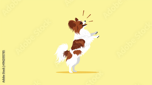 Small brown and white papillon dog standing tall on its hind legs and barking loudly against a solid yellow background.