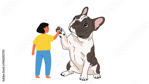 Cute little girl giving a high five to a large standing french bulldog in a colorful and friendly illustrated scene.