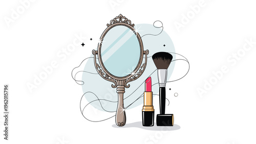 Elegant tabletop vanity mirror in a vintage frame standing next to a lipstick and a large makeup brush for beauty.