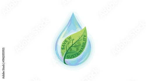 Sustainability Water Drop with Green Leaf and World Map Illustration
