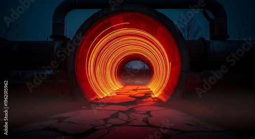 Glowing red hot steel pipe factory.
