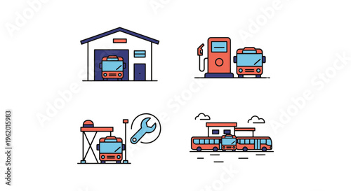 bus depot Line art vector set clean colorful abstract