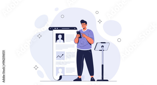 Man with smartphone reviewing online profile or resume on digital screen with charts