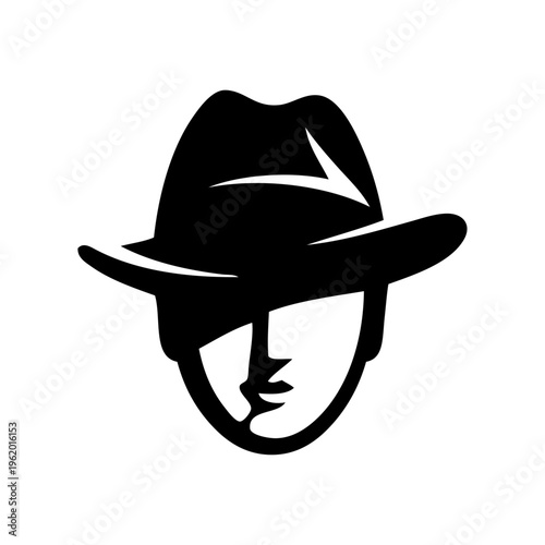 Logo moda de caballero. Dibujo sencillo con la silueta de la cabeza de un hombre con sombrero de fieltro fedora, de frente 